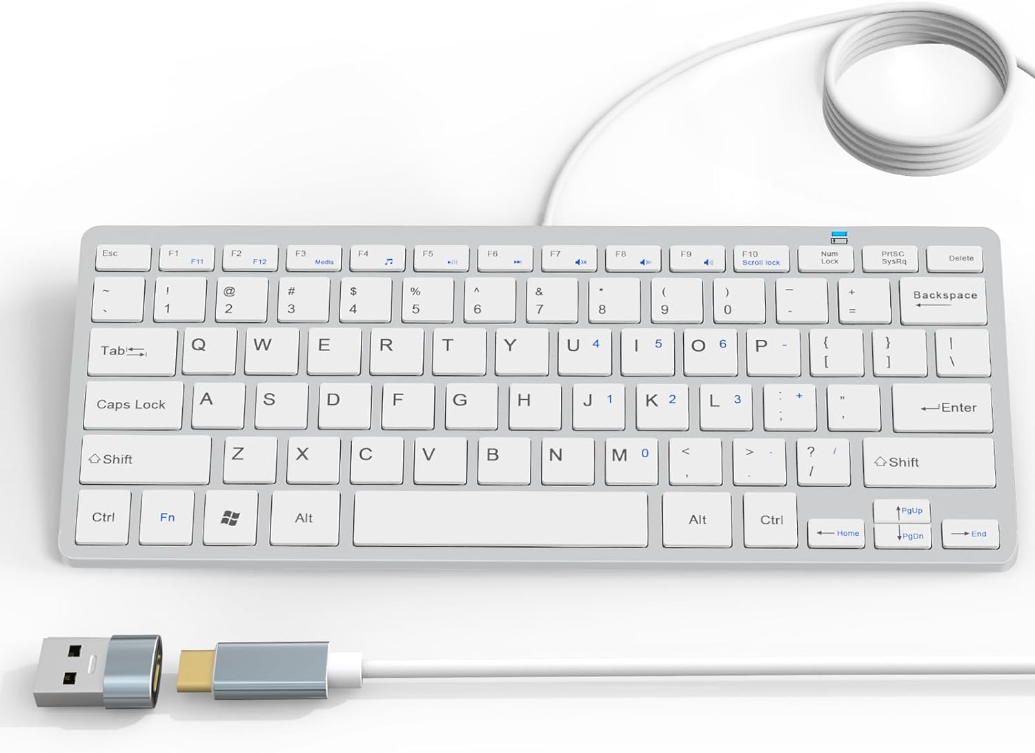 Ultra-Slim 78keys USB-C Mini Wired Keyboard with Media Hotkeys for Apple Mac Pro, MacBook 56Pro/ iMac, Air, Mac Mini, Laptop Computers, Windows Desktop PC 11/10/8/7, with USB-C to A OTG Adapter,White