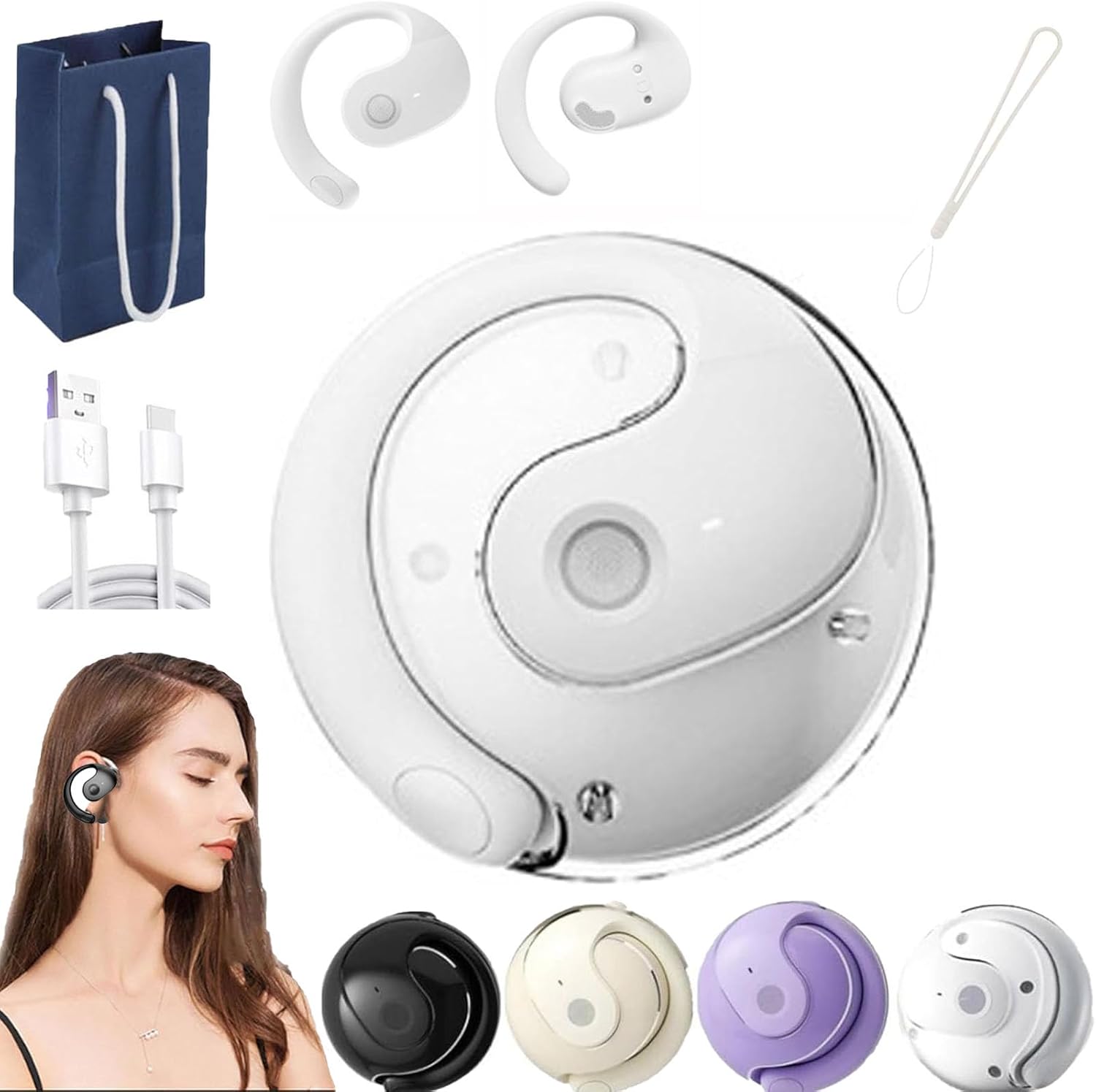 Sentdream Translation Headphones, Ai Headphones Language Translation, Sentdream Ai Earbuds, Hy-T26 Earphone Wireless Bluetooth,Hanging Bluetooth 5.4 Earphones, Open Ear Headset Ball (White)