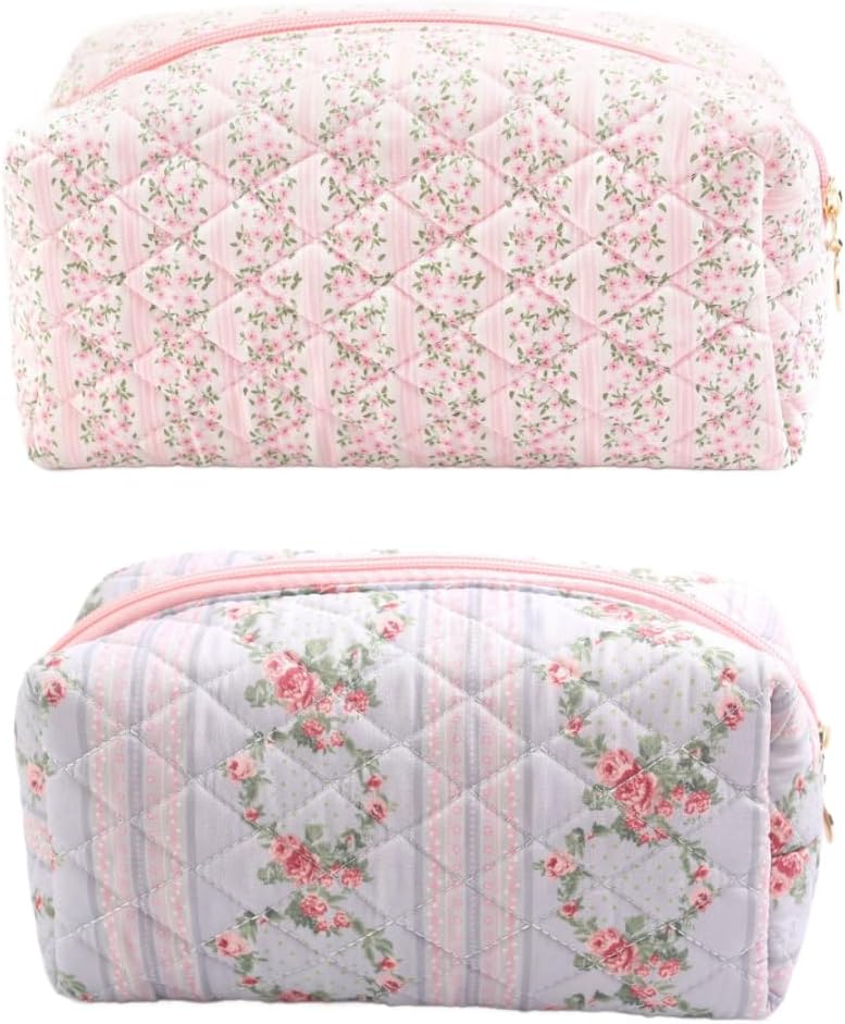 Floral Makeup Bag, Cute Quilted Makeup Toiletry Bag, Zipper Cosmetic Pouch, Daily Travel Use Skincare Bag, Multipurpose Organizer Bag (2Pack Pink + Blue)