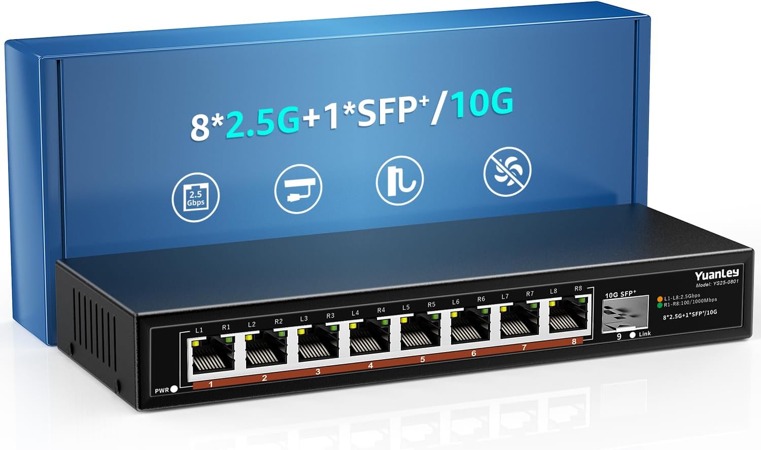 8 Port 2.5G Unmanaged Desktop Ethernet Switch with 10G SFP, 8 x 2.5G Base-T Ports, 60Gbps Switching Capacity, Compatible with 100/1000/2500Mbps, Metal Fanless, YuanLey 2.5Gbe Network Switch Wall Mount