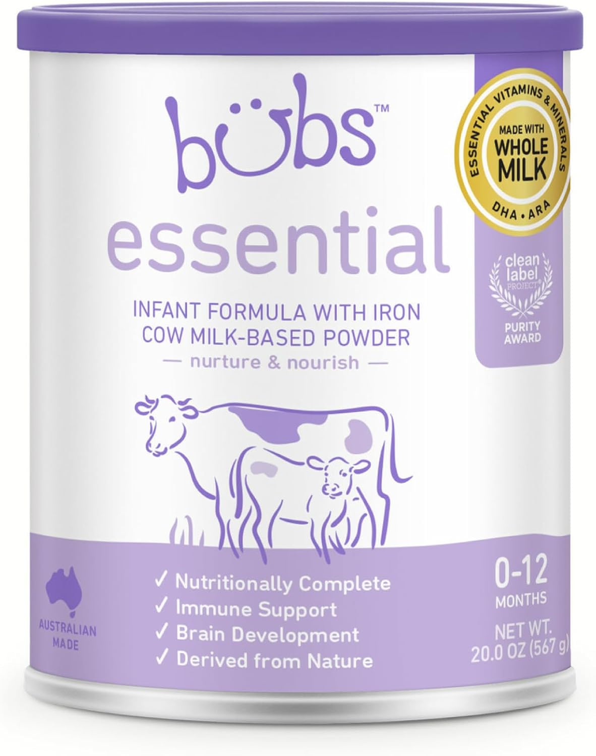 Bubs Essential Infant Formula, with Iron, Cow Milk-Based Powder, for Infants 0-12 Months, Made with Non-GMO Milk, 20 oz