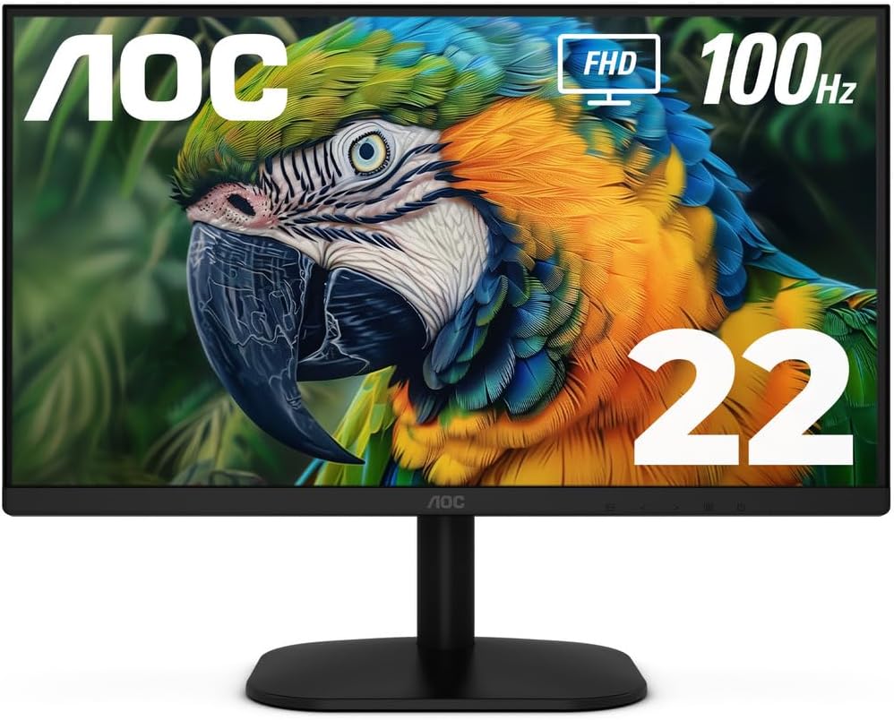 AOC 22B2HM2 22″ Full HD (1920 x 1080) 100Hz LED Monitor, Adaptive Sync, VGA x1, HDMI x1, Flicker-Free, Low Blue Light, HDR Ready, VESA, Tilt Adjust, Earphone Out, Eco-Friendly