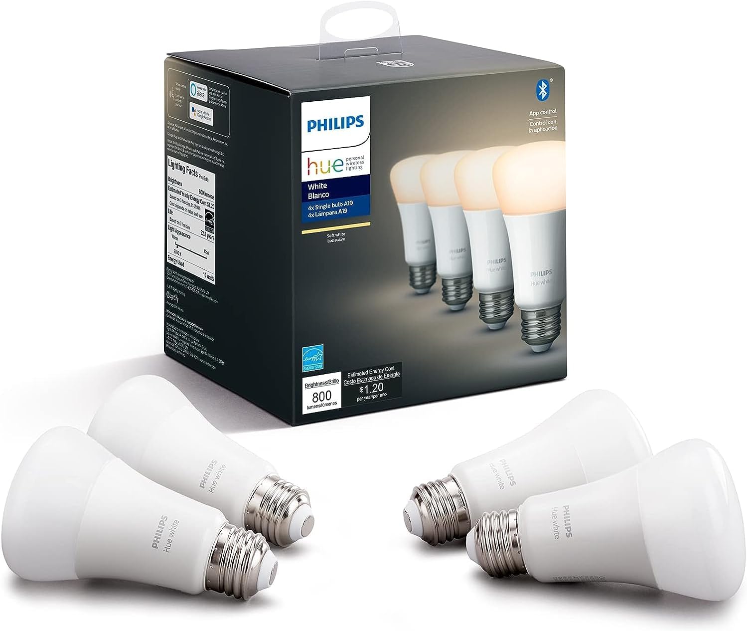 Philips Hue Smart 60W A19 LED Bulb – Soft Warm White Light – 4 Pack – 800LM – E26 – Indoor – Control with Hue App – Works with Alexa, Google Assistant and Apple Homekit