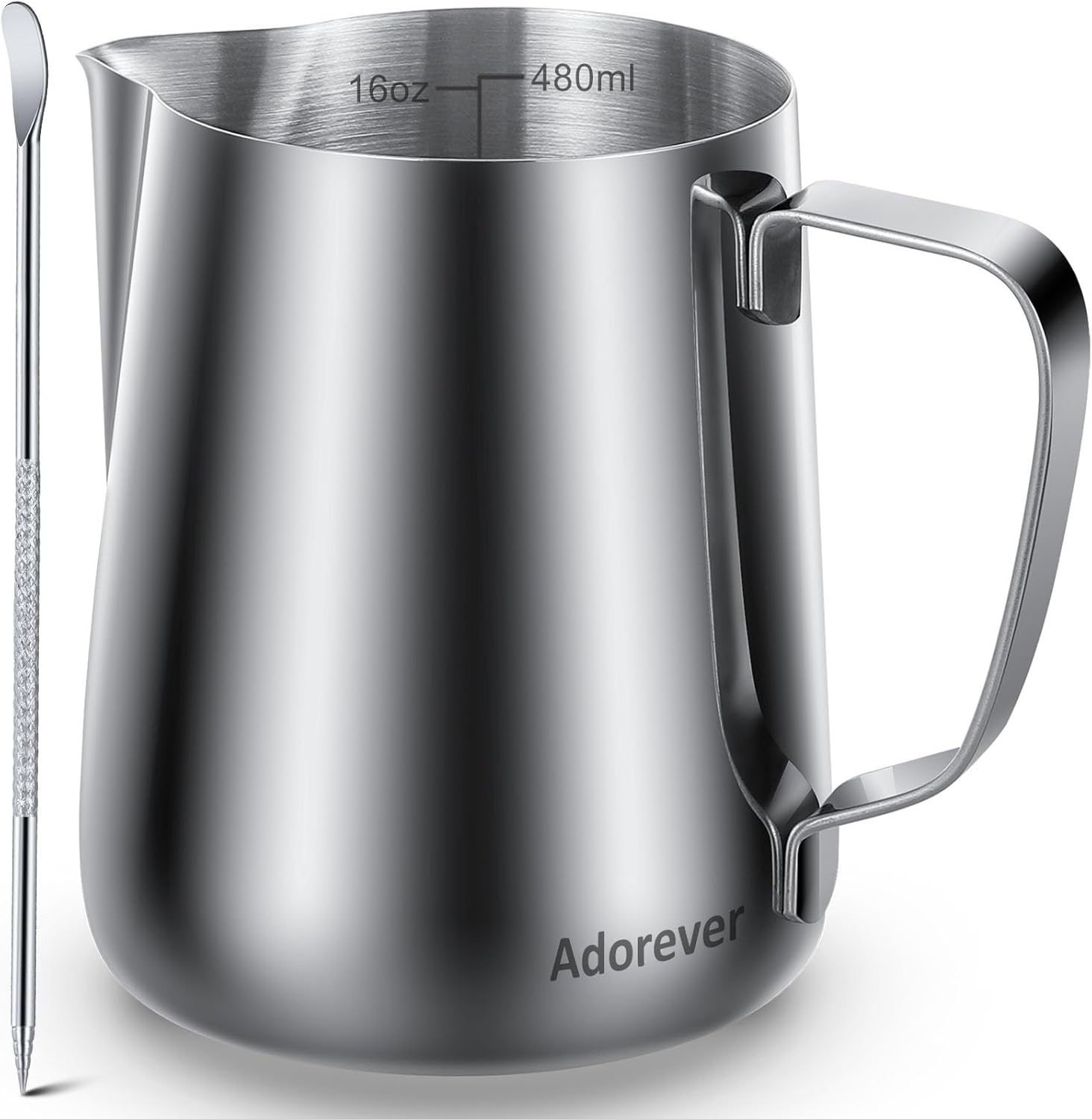 Adorever Milk Frothing Pitcher, 16oz 480ml Milk Frother Cup Stainless Steel Steaming Pitcher, Coffee Bar Cappuccino Espresso Machine Accessories Barista Tools, Steamer Cup Milk Jug with Latte Art Pen