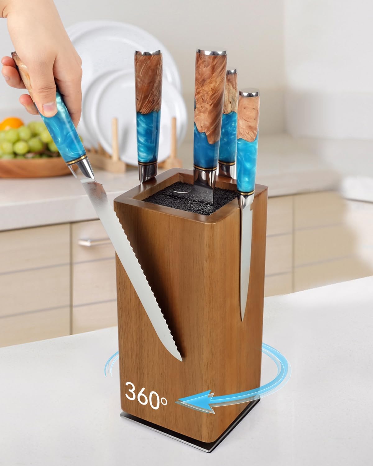 Magnetic Knife Block 360° Rotating Wood Universal Knife Holder with Four Side Ultra Strong Magnets, Knife Storage Rack with Removable Bristles, Multifunctional Storage for Kitchen Counter Top