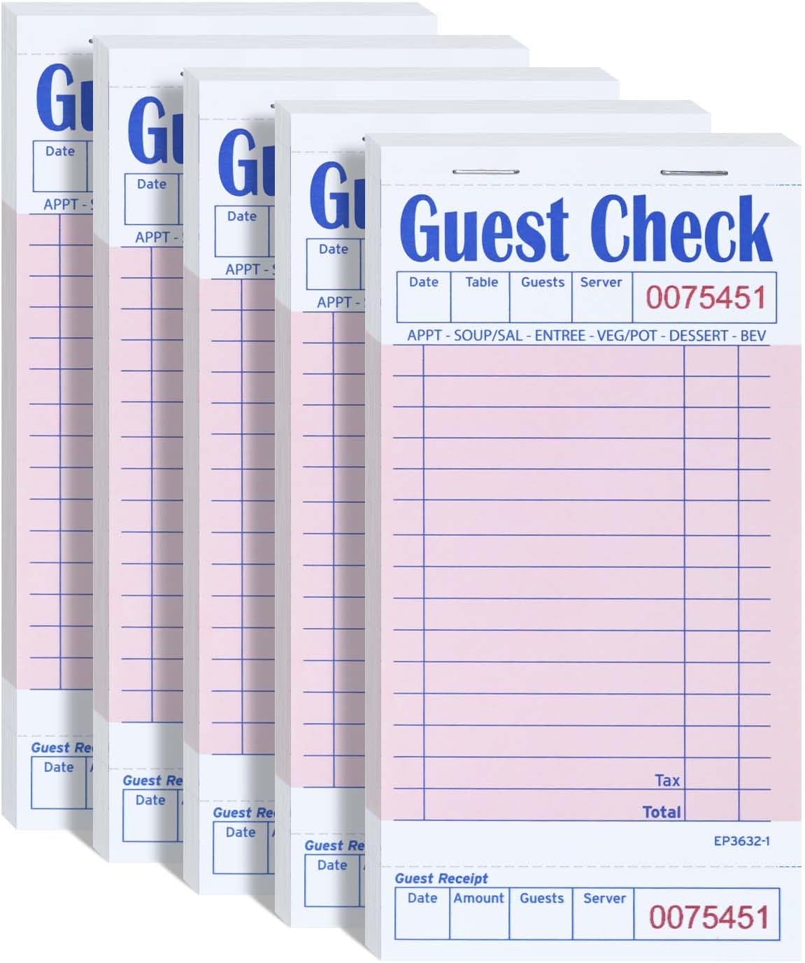 Server Guest Checkbook, 5 Pack EP-3632-1 Server Note Book, Thick Server Paper with Guest Receipts, Waitress Notepads – 250 Orders Total (Pink, 6.75″ x 3.5″)