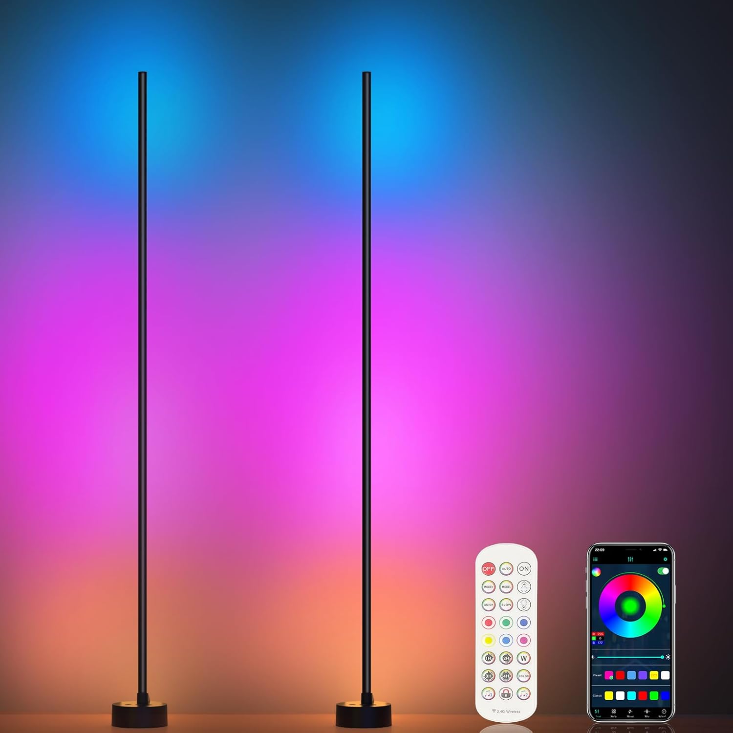 Corner Floor Lamp, 2 Pack LED Corner Lamp with App/Remote/Button Control, Smart RGB Floor Lamp with 16 Million DIY Colors & 68+ Scene, Music Sync for Living Room, Bedroom, Gaming Room