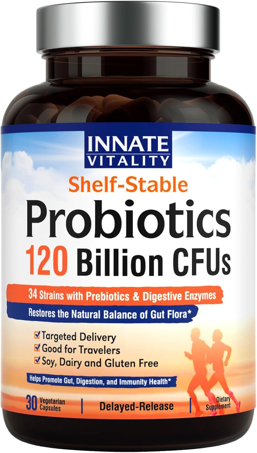 Innate Vitality Probiotics 120 Billion CFUs for Men & Women, 34 Strains with Prebiotics & Digestive Enzymes, Immune & Digestive Health, Delayed Release, Shelf Stable, 30 Vegan Capsules