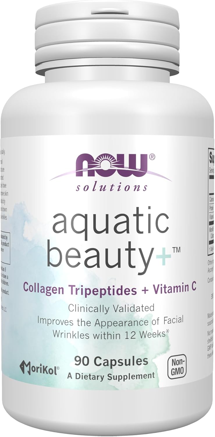 NOW Foods Solutions Aquatic Beauty+ Capsules – Marine Collagen and Vitamin C Supplement for Youthful Skin*, Non-GMO, 60 Capsules