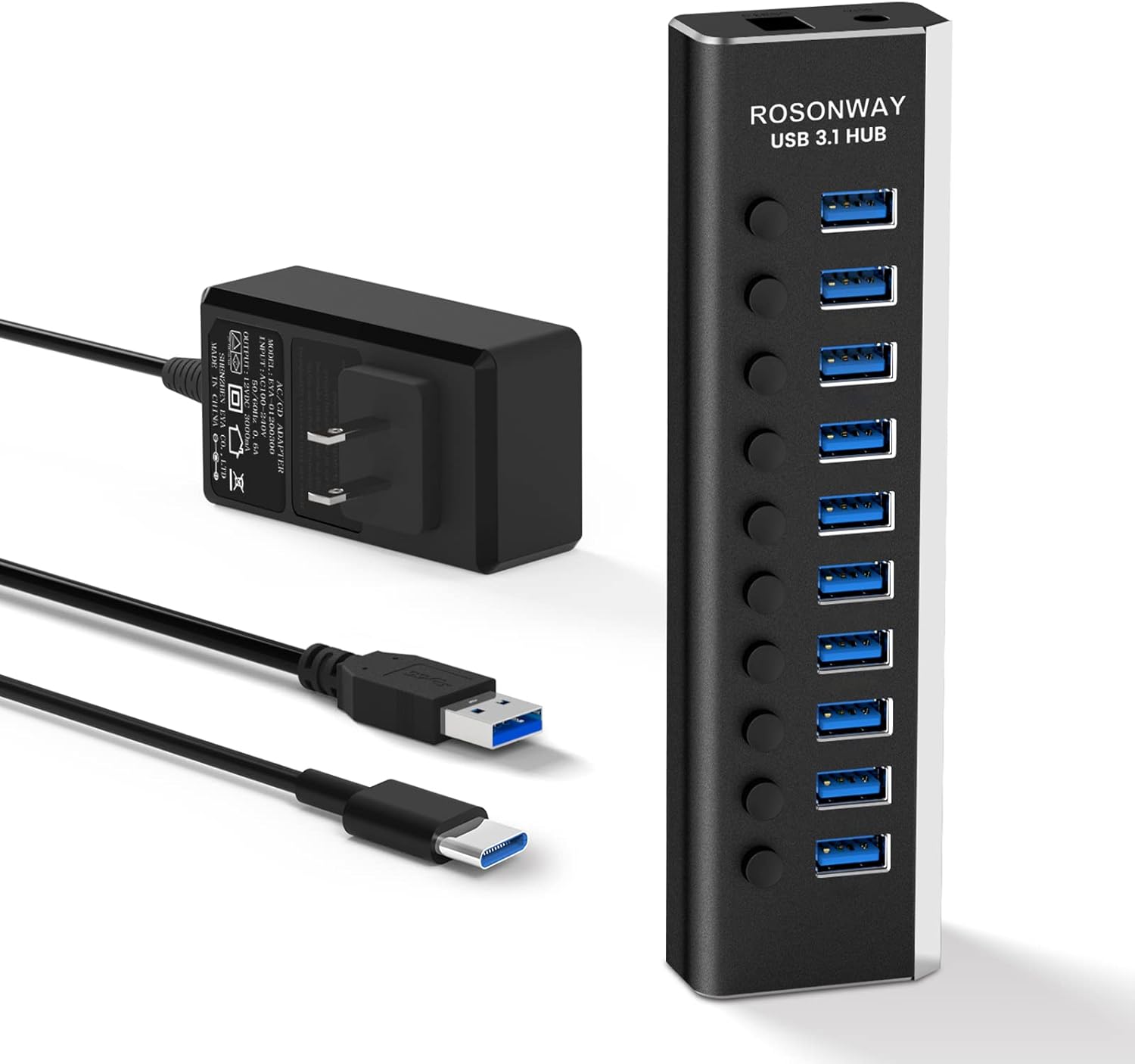 Powered USB Hub, Rosonway 10 Port USB 3.1/3.2 Gen 2 Hub 10Gbps with 36W (12V/3A) Power Adapter, Type A and Type C Cables, Aluminum USB C Hub Splitter for PC and Laptop (RSH-A10S)