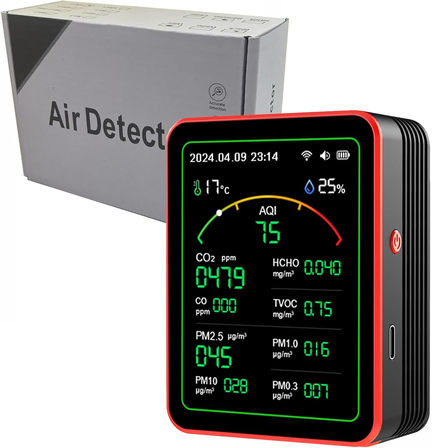 15-in-1 Smart Air Quality Monitor,air Quality Monitor,Home air Quality Test,air Quality Tester for Home,USB Rechargeable,Monitor with PM, CO2, CO, TVOC, HCHO, PM, AQI,(red+Black)