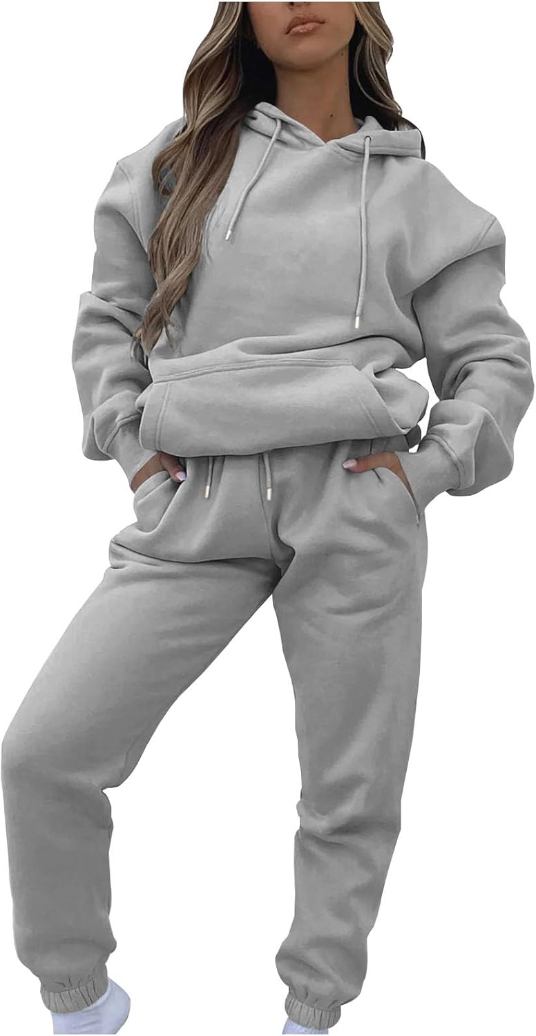 Womens 2 Piece Sets Tracksuits Casual Solid Long Sleeve Hooded Sweatshirt Jogger Pants Set Sweatsuit Workwear Sets