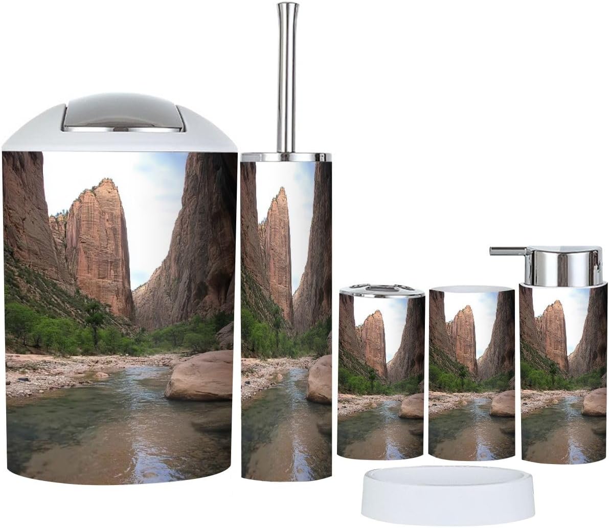 Bathroom Accessory Set 6 Piece Zion National Park Utah Toothbrush Holder, Toothbrush Cup, Soap Dispenser, Soap Dish, Toilet Brush Holder, Trash can