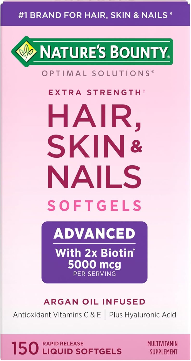 Nature’s Bounty Advanced Hair, Skin & Nails, Argan-Infused Vitamin Supplement with Biotin and Hyaluronic Acid, 150 Rapid Release Softgels