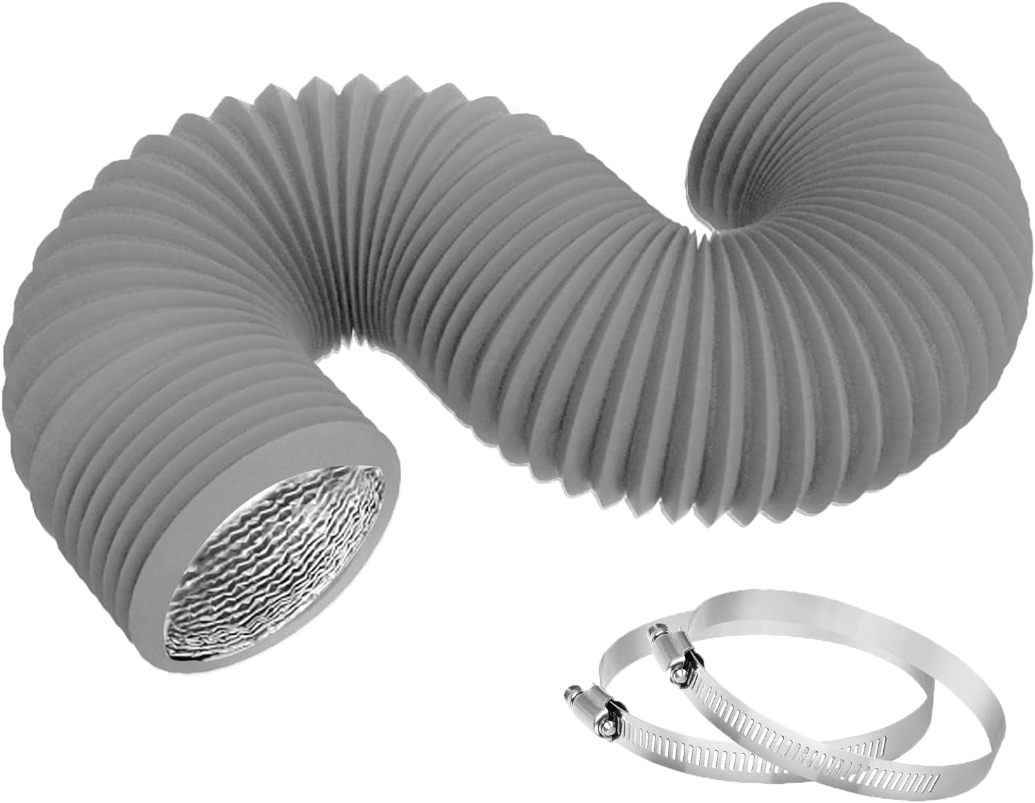 4 Inch 8FT Dryer Vent Hose,Flexible Insulated Air Ducting,Vent Hose PVC Aluminum Foil with 2 Clamps for HVAC Ventilation(Grey)