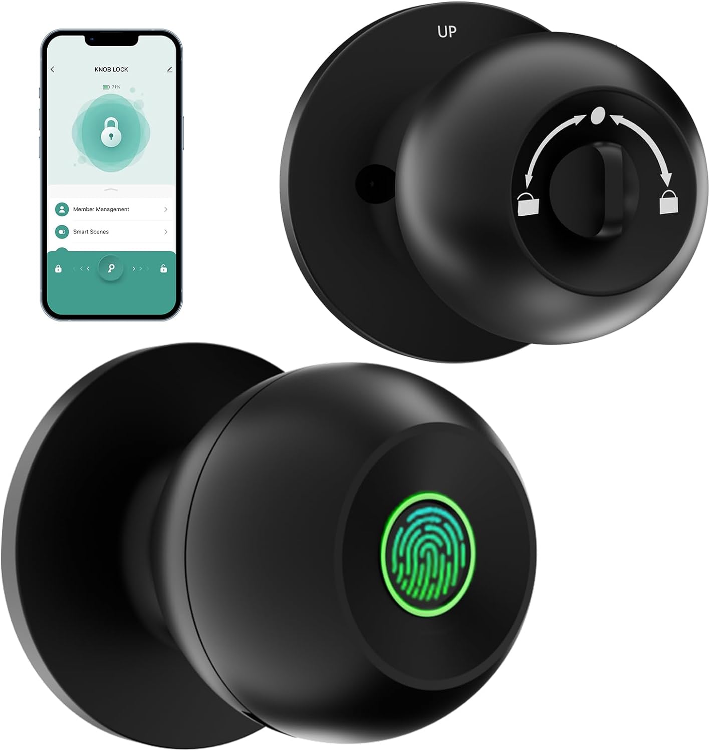 Biometric Door Lock, Rechargeable Fingerprint Lock with App Control, Smart Door Knob for Bedrooms, Offices, Hotels