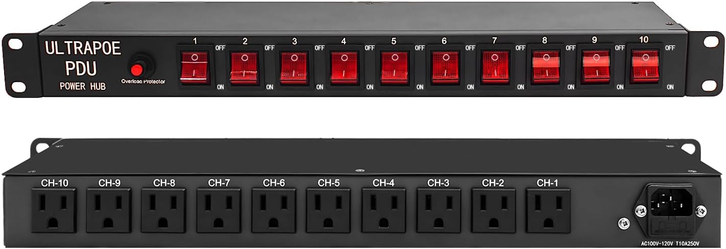 10-Outlet 1U Horizontal PDU Rack Mount Power Strip – Surge Protector,100-240V/15A/1800 Joules,for Network Servers,Power Conditioner with 10 Individual Switches and 6 ft Power Cord