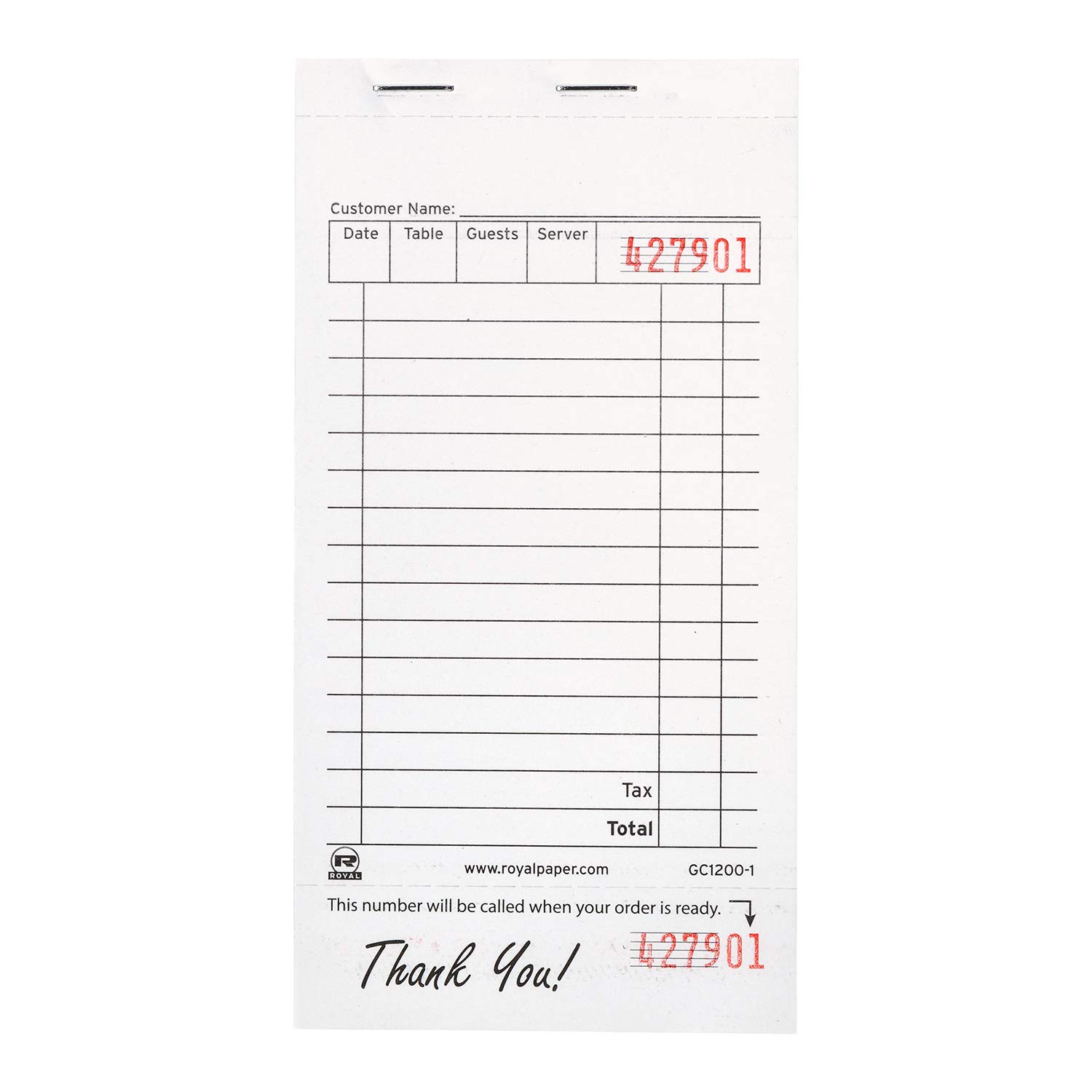 AmerCare Royal White Guest Check Paper Receipt Book, Carbonless Order Book with 15 Lines, 1 Part Booked, Case of 100 Server Notepad Boo