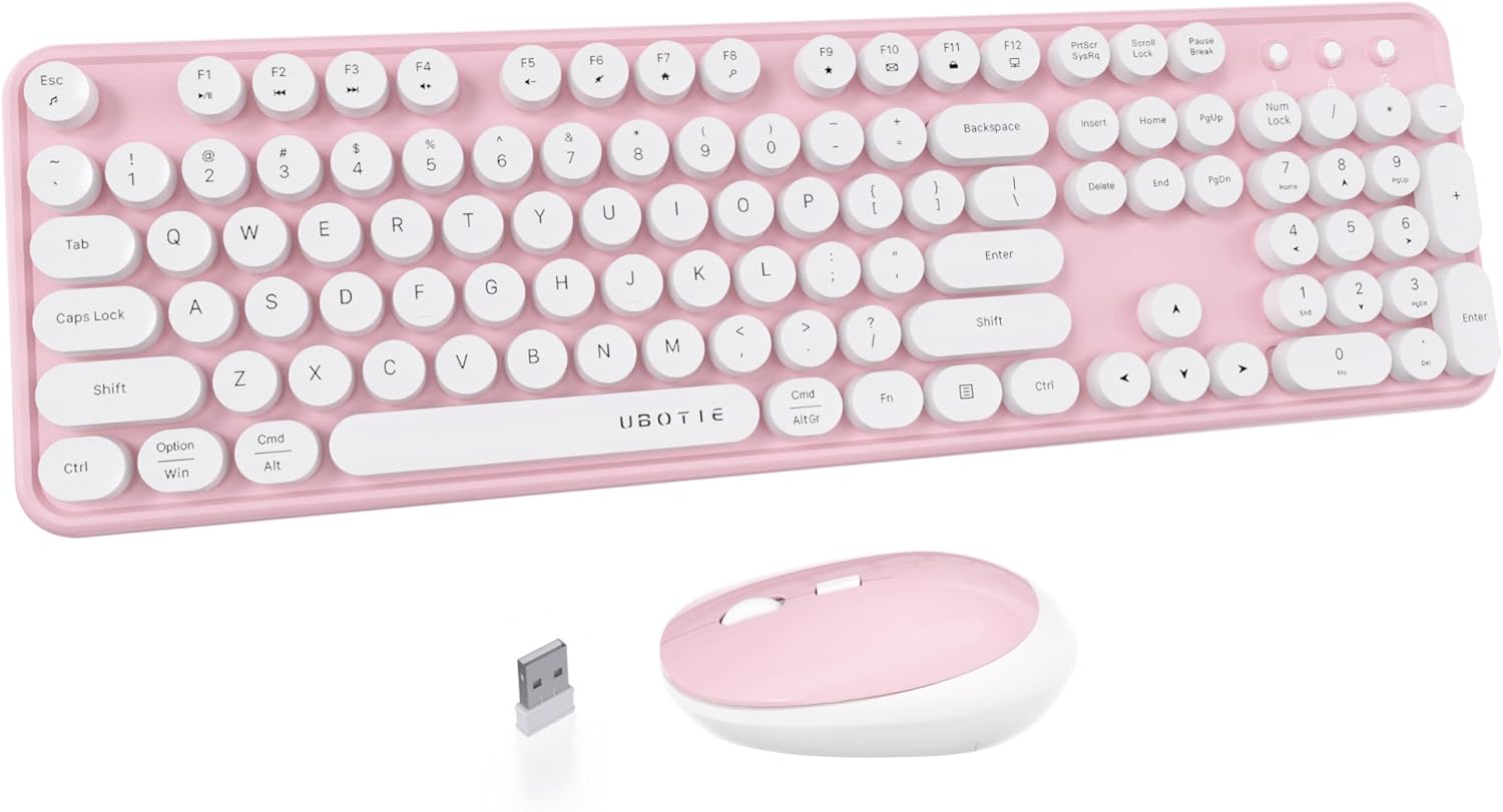 UBOTIE Colorful Computer Wireless Keyboard Mouse Combos, Typewriter Flexible Keys Office Full-Sized Keyboard, 2.4GHz Dropout-Free Connection and Optical Mouse (Pink-White)