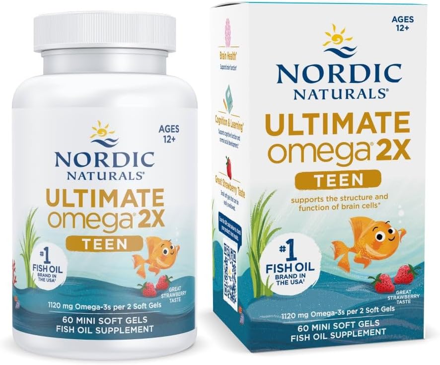 Nordic Naturals Ultimate Omega 2X Teen, Strawberry – 60 Mini Soft Gels – 1120 mg Total Omega-3s with EPA & DHA – Brain Health, Positive Mood, Social Development, Learning – Non-GMO – 30 Servings