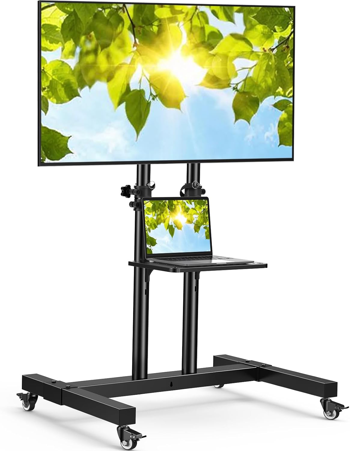 PERLESMITH Rolling TV Stand on Wheels for 32-83 Inch Screens up to 110lbs, Mobile TV Cart Height Adjustable Portable Outdoor TV Stand Tilt Rolling TV Cart with Shelf Max VESA 600x400mm PSTVMC03