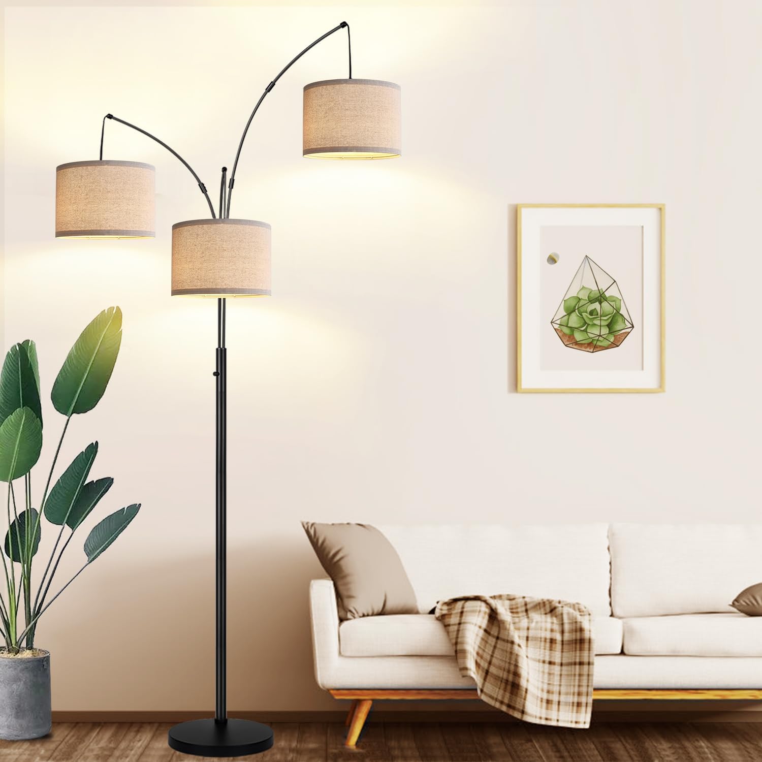 Dimmable Floor Lamp – 3 Lights Arc Floor Lamps for Living Room, 1000LM Modern Tall Standing Lamp With Beige Shades & Heavy Base, Mid Century Tree Floor Lamp for Bedroom Office, 3 LED Bulbs Included