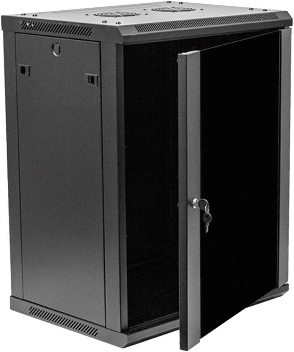 NavePoint 15U Server Rack Enclosure – 17.7” Deep, 15U Wall Mount Network Cabinet with Locking Glass Door for 19” IT Equipment, 15U Network Rack with 2 Fans, Removable Side Panels, Black