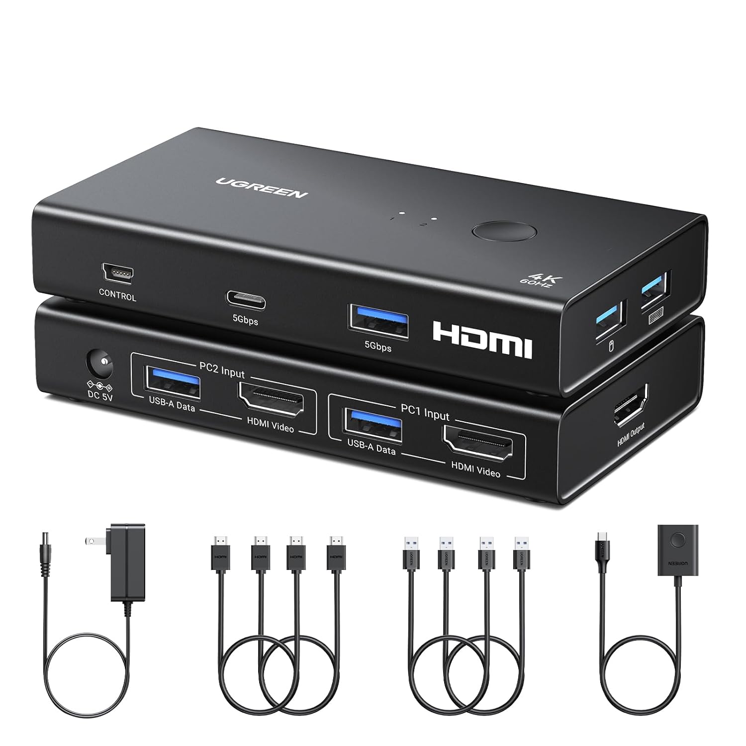 UGREEN HDMI KVM Switch 1 Monitor 2 Computers with 4 USB 3.0 Ports 4K@60Hz KVM Switches for 2 Computers Share Monitor Keyboard Mouse Printer with 2 HDMI Cables, 2 USB Cables, Power Adapter, Controller