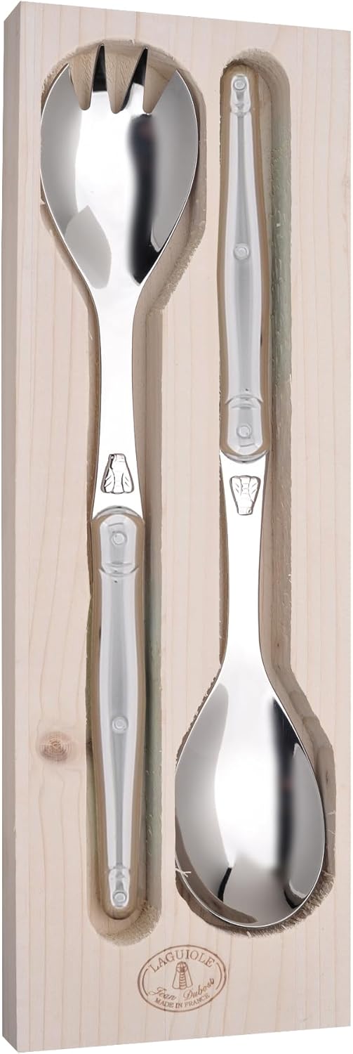 Jean Dubost Salad Servers, Stainless Steel Handles – Rust-Resistant Stainless Steel – Includes Wooden Tray – Made in France