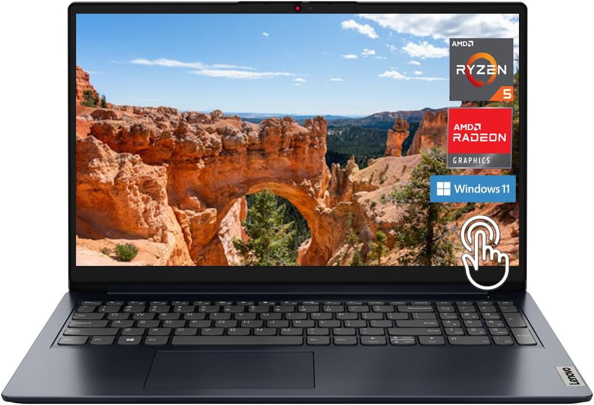 Lenovo Ideapad 1 Laptop, 15.6″ FHD (1920×1080) IPS 300nits Anti-Glare Display, Touch, Ryzen 5 7520U, 8GB RAM, 256GB Storage, AMD Radeon Graphics, HDMI, Windows 11, HDMI, Abyss Blue