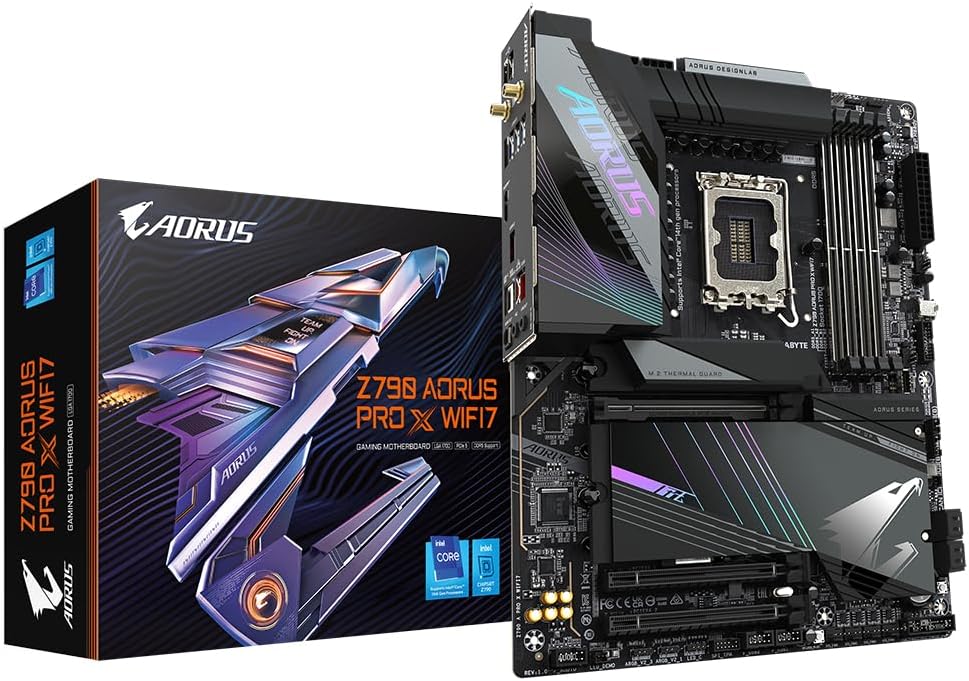 Gigabyte Z790 AORUS PRO X WIFI7 Motherboard – Supports Intel Core 14th Gen CPUs, 18+1+2 Phases VRM, up to 8266MHz DDR5 (OC), 1xPCIe 5.0 + 4xPCIe 4.0 M.2, Wi-Fi 7, 5GbE LAN, USB 3.2 Gen 2