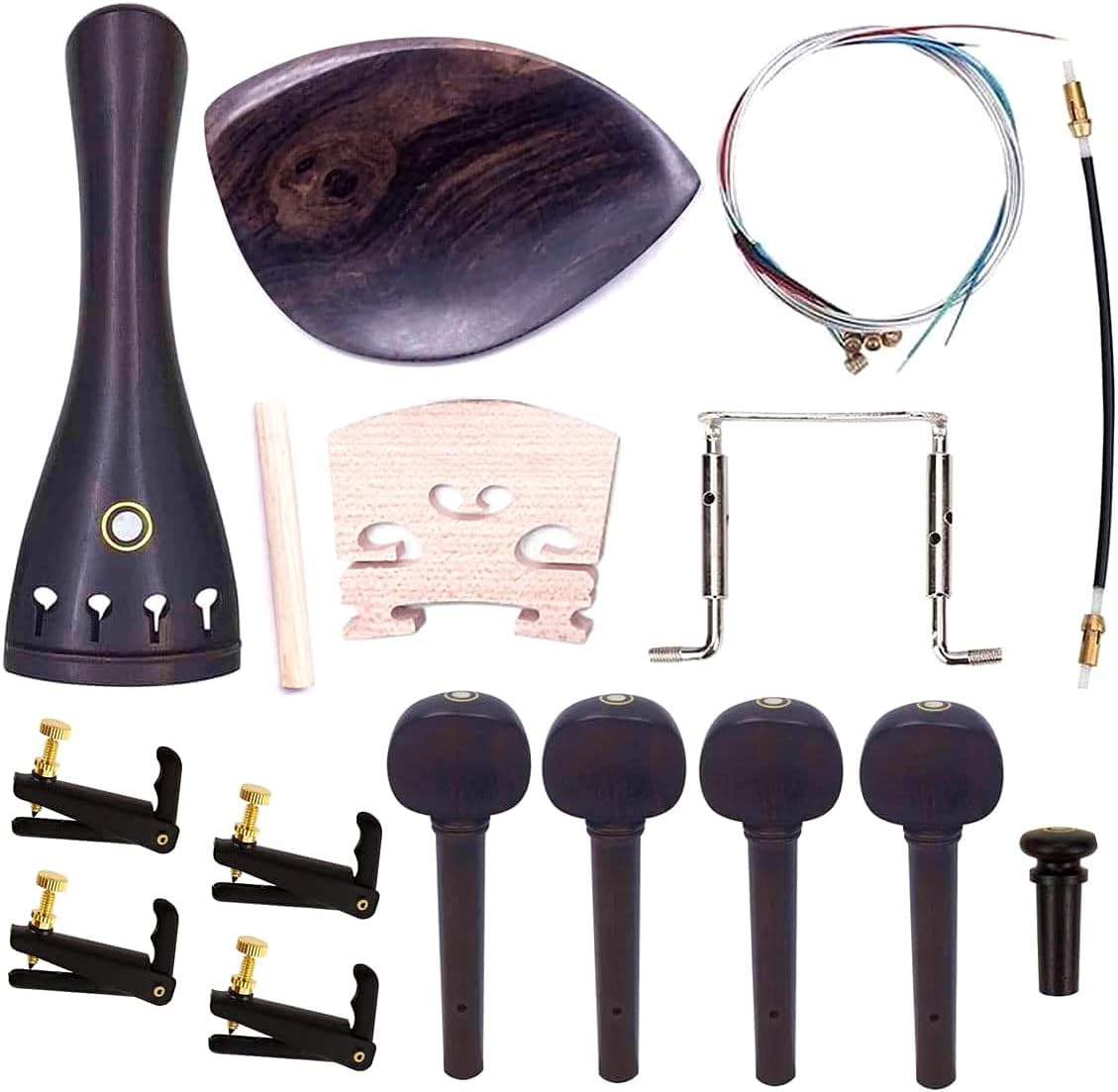 4/4 Full Size Violin Accessories Kit Bridge, Tailpiece, Tuning Pegs, Tunners, Endpin, Tailgut, String and Chin Rest 1 Set Violin Parts & Accessories Ebony