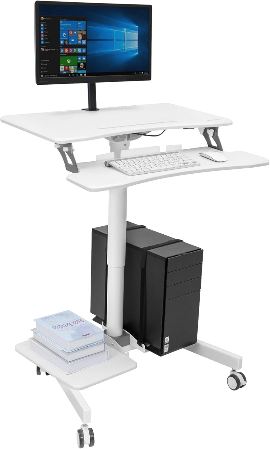 Mount-It! Mobile Rolling Small Table, Height Adjustable up to 43″ Computer Desk with Wheels, Medical Nurse Hospital Workstation, Printer CPU Shelves, White Office Portable Computer Cart Keyboard Tray