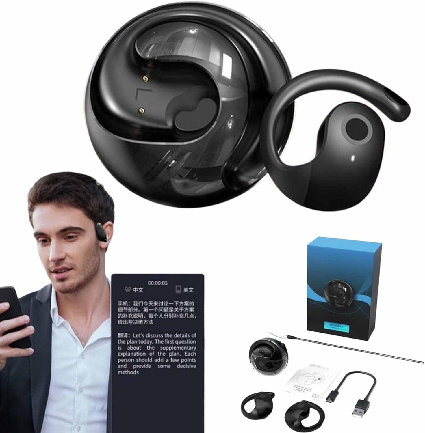 Sentdream Translator, Sent Dream Translator, AI Translation Wireless Ows Bluetooth5.4 Earphones, Wireless Bluetooth Translation Earbuds Real Time, Break The Language Barrier (Black)