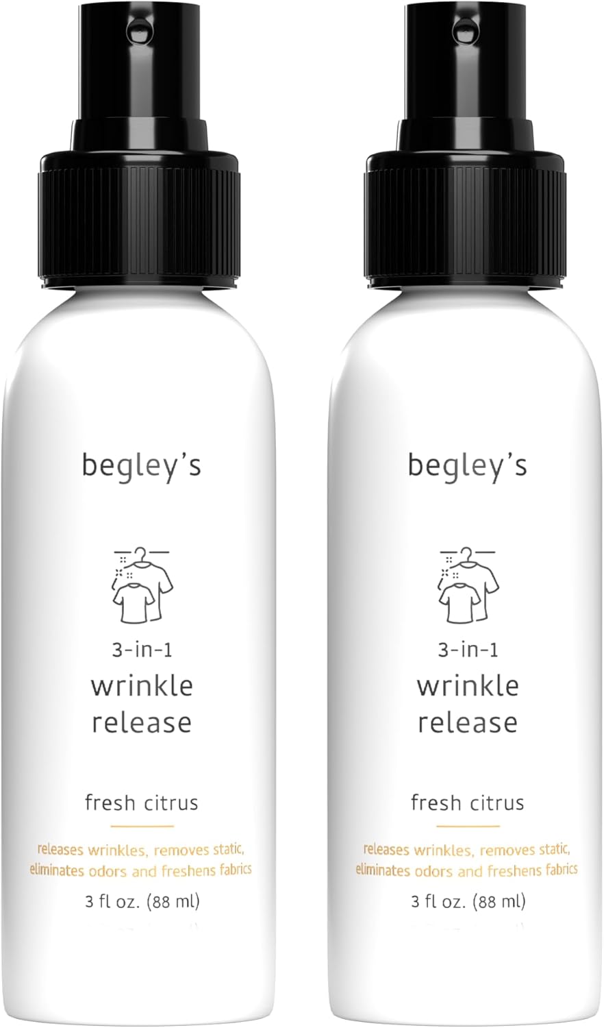 Begley’s 3-in-1 Wrinkle Remover, Quick Fix Wrinkle Release, Static Cling Remover, Odor Eliminator and Fabric Refresher Spray – USDA Certified Biobased – Citrus, 3 oz Travel Size