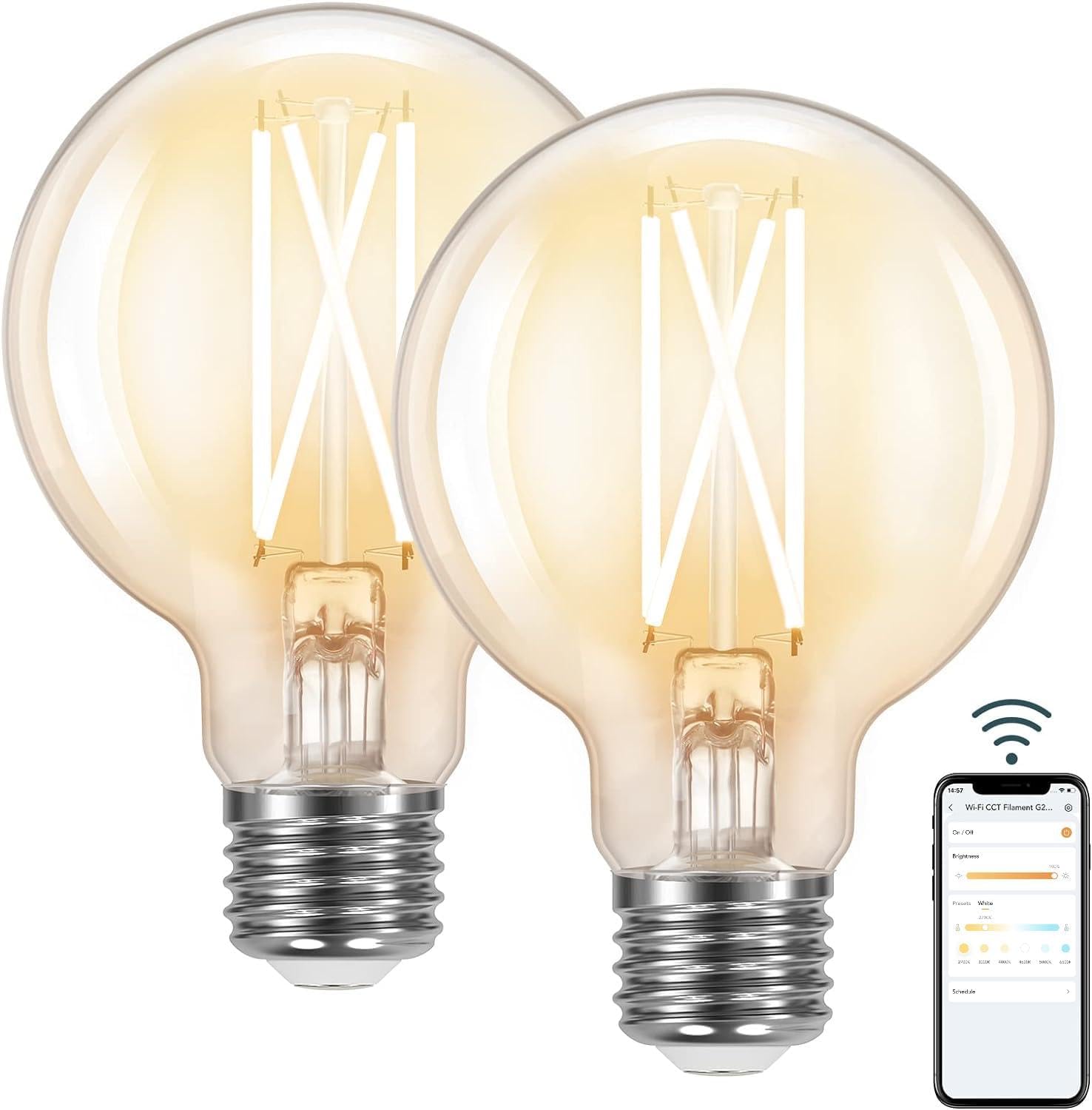 Linkind G25 Globe Smart Edison Bulbs, 2700K-6500K Tunable and Dimmable WiFi Edison Bulbs, 8W(60W Equivalent) Vintage Light Bulbs 800lm, Compatible with Alexa & Google Home, 2-Pack