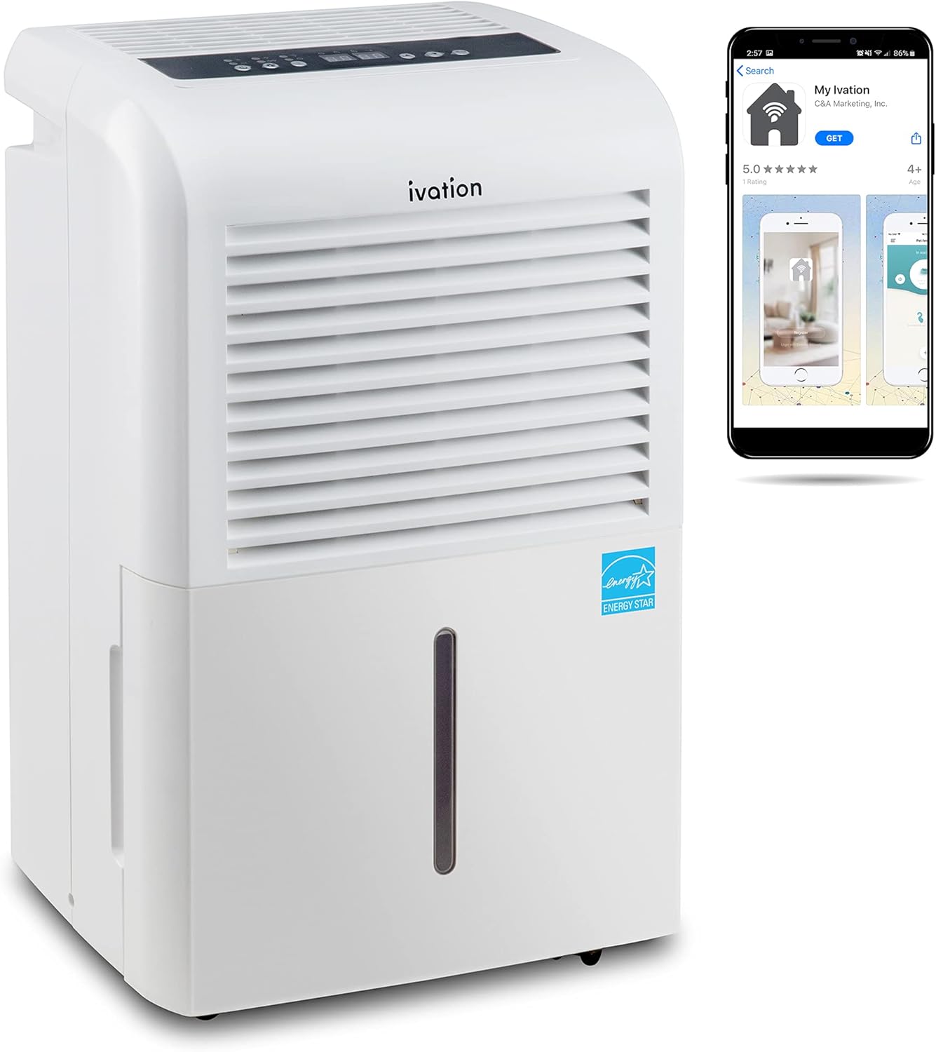 Ivation 4,500 Sq Ft Smart Wi-Fi Energy Star Dehumidifier with App, Continuous Drain Hose Connector, Programmable Humidity, 2.25 Gal Reservoir for Medium and Large Rooms (4,500 Sq Ft)