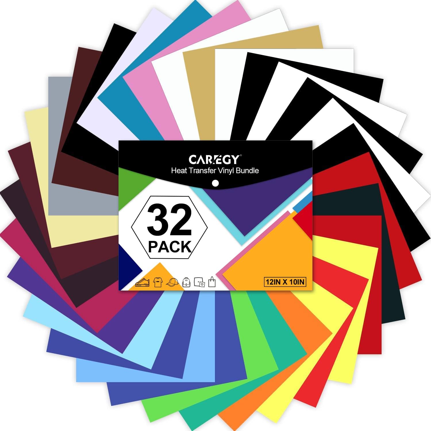 CAREGY HTV Heat Transfer Vinyl Bundle: 32 Pack Assorted Colors 12″x10″ Sheets, Iron On Vinyl for T-Shirt