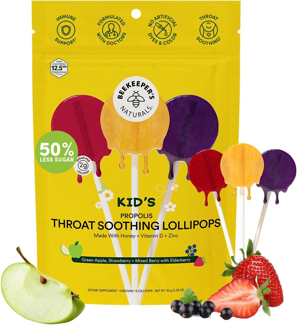 Kids Throat Soothing Lollipops by Beekeeper’s Naturals – Doctor Formulated Immune Support, Vitamin D & Honey, Under 2g Sugar, Clean Ingredients,15 ct