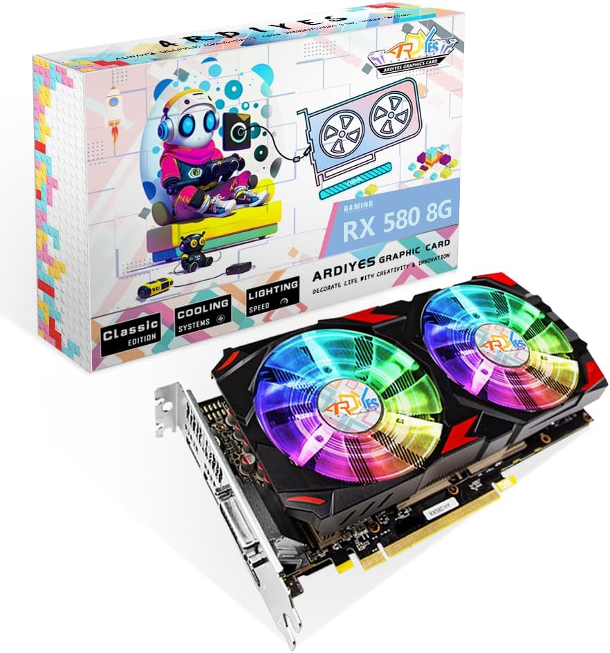 RX 580 8G Graphic Cards (with RGB Fans) Gaming Gpu Card, Real 8GB, 2048SP, GDDR5, 256 Bit, Pc Gaming Video Card, 3XDP, HDMI, PCI Express 3.0,Freeze Fan Stop for Desktop