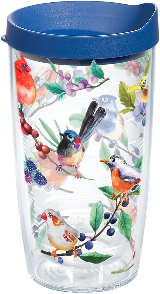 Tervis Watercolor Songbirds Made in USA Double Walled Insulated Tumbler Cup Keeps Drinks Cold & Hot, 16oz, Clear