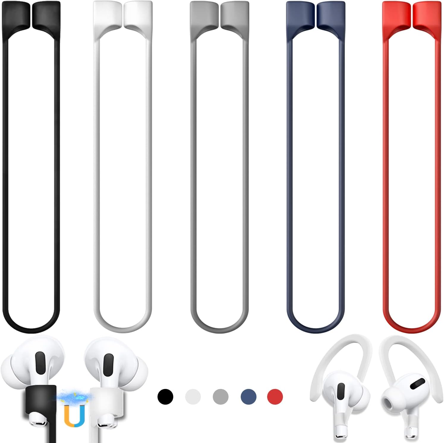 【5 Pack】 Ultra Strong Magnetic AirPods Straps, Anti-Lost Cord for AirPods 4rd / AirPods Pro 1st and 2nd / AirPods 3rd /AirPods 1st and 2nd,Silicone Sports Lanyard and Ear Hook- 5 Straps + 2 EarHook