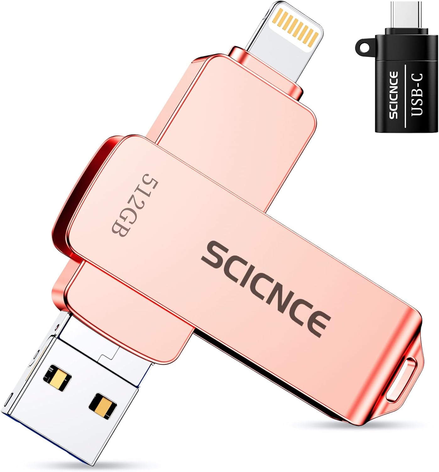 SCICNCE 512GB Flash Drive Intended for iPhone, USB Memory Photo Stick Storage for Photos Videos, Plug and Play No Application Required, Compatible with iPhone iPad Android and Computers (Rose Gold)