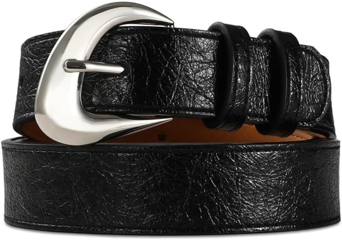 Black Belt for Women with Sliver Buckle Fashion Soft Faux Leather Belts for Jeans Dresses