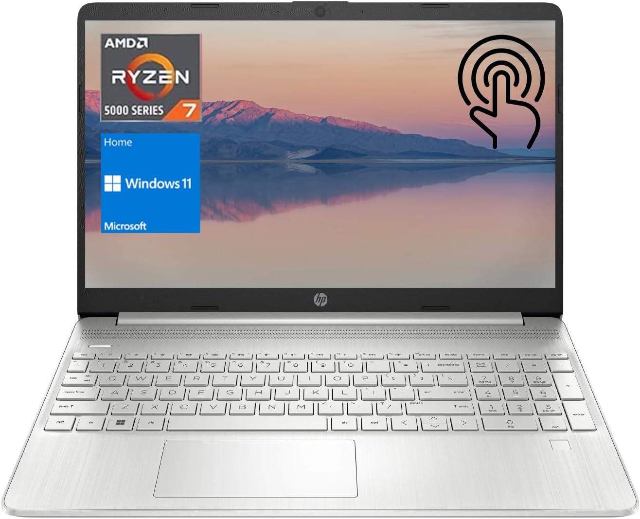 HP 15.6” FHD Touchscreen Laptop, 15.6” FHD Touchscreen, AMD Ryzen 7 5700U Processor, 32GB RAM, 1TB SSD, Webcam, SD Card Reader, Numeric Keypad, HDMI, Wi-Fi, Windows 11 Home, Silver