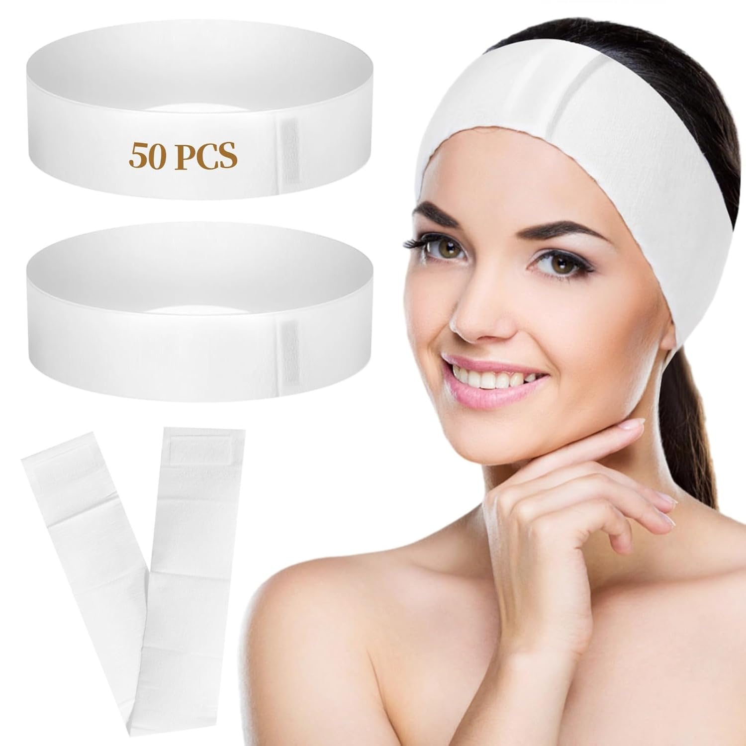 JUSTDOLIFE 50 PCS Disposable Spa Headbands, Elastic Headband Wrap with Adjustable Closure, Stretch Non-Woven Facial Bandeau, Soft Skin Care Essential Headbands with Sticking Fastener