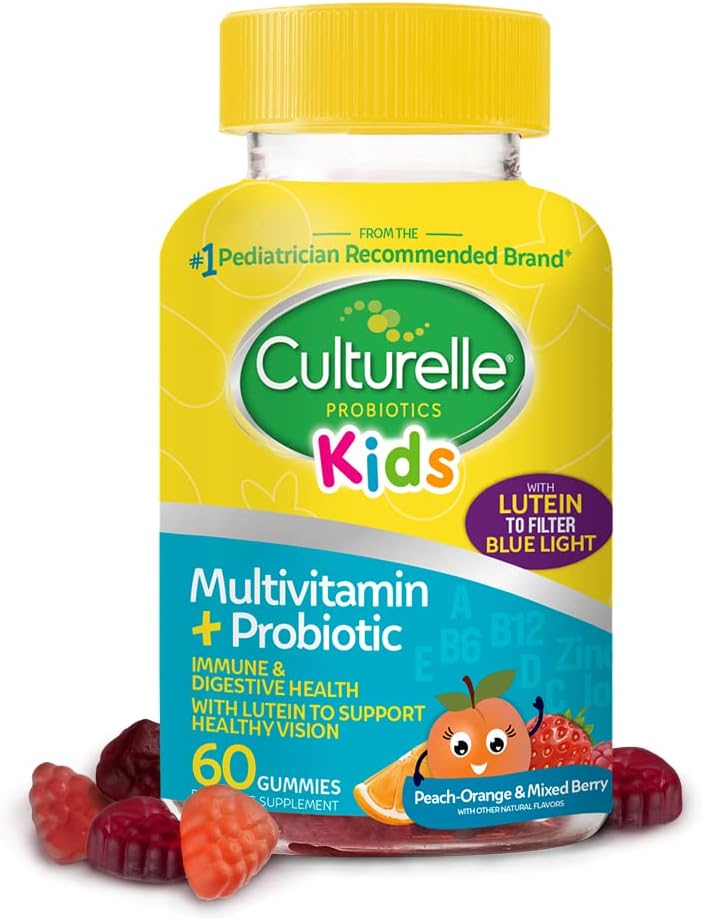 Culturelle Kids Probiotic Gummies for Ages 2+ – Peach-Orange & Mixed Berry Flavors – Digestive & Immune Support with Lutein for Eye Health, 60 Count