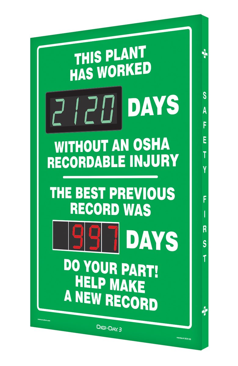 Accuform SCK120 Digi-Day Electronic Scoreboard, “THIS PLANT HAS WORKED _ DAYS W/O AN OSHA RECORDABLE INJURY – THE BEST PREVIOUS RECORD WAS _ DAYS – DO YOUR PART! HELP MAKE A NEW RECORD”