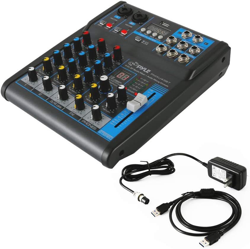 Pyle Professional Audio Mixer Sound Board Console System Interface 4 Channel Digital USB Bluetooth MP3 Computer Input 48V Phantom Power Stereo DJ Studio Streaming FX 16-Bit DSP processor-PMXU43BT