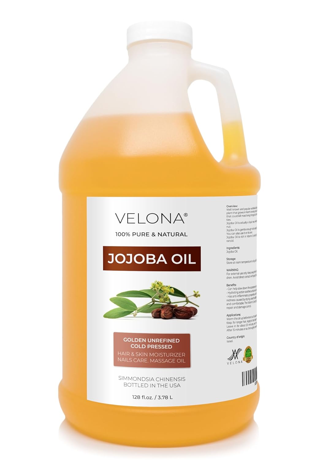 Jojoba Oil – 1 Gallon / 128 Fl Oz | 100% Pure and Natural | Golden, Unrefined, Cold Pressed, Hexane Free | Moisturizing Face, Hair, Body, Skin Care, Stretch Marks, Cuticles